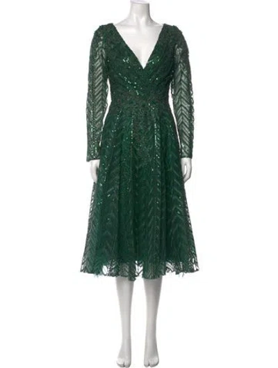 Pre-owned Mac Duggal V-neck Midi Length Dress In Green