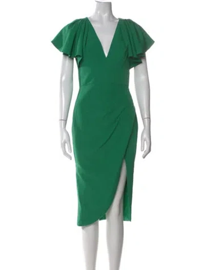 Pre-owned Mac Duggal V-neck Midi Length Dress In Green
