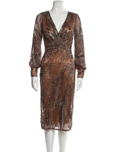 Pre-owned Mac Duggal V-neck Midi Length Dress In Neutral