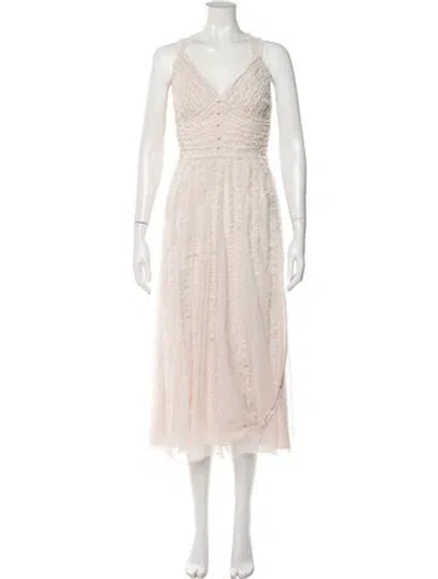 Pre-owned Mac Duggal V-neck Midi Length Dress In Neutral