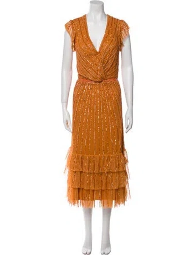 Pre-owned Mac Duggal V-neck Midi Length Dress In Orange
