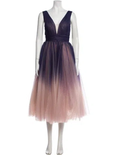 Pre-owned Mac Duggal V-neck Midi Length Dress In Purple