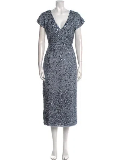 Pre-owned Mac Duggal V-neck Midi Length Dress W/ Tags In Blue