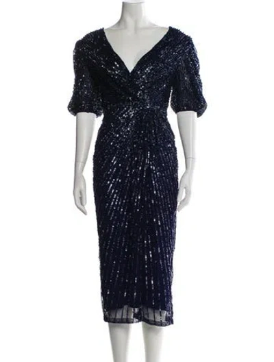 Pre-owned Mac Duggal V-neck Midi Length Dress W/ Tags In Blue