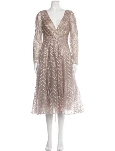 Pre-owned Mac Duggal V-neck Midi Length Dress W/ Tags In Neutral