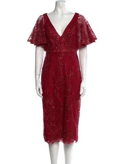 Pre-owned Mac Duggal V-neck Midi Length Dress W/ Tags In Red