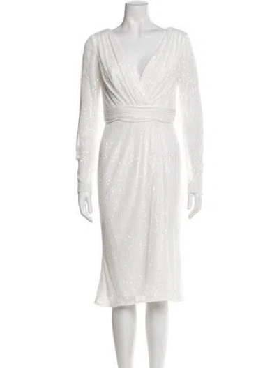Pre-owned Mac Duggal V-neck Midi Length Dress In White
