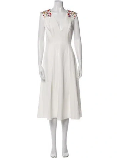 Pre-owned Mac Duggal V-neck Midi Length Dress In White