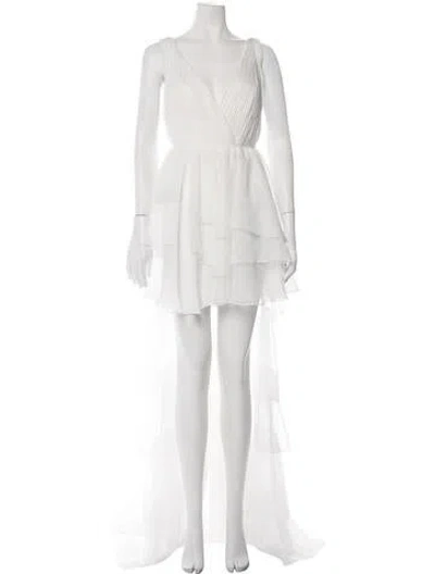 Pre-owned Mac Duggal V-neck Mini Dress In White
