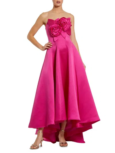 Mac Duggal Strapless Satin High Low Gown With 3d Flowers In Pink