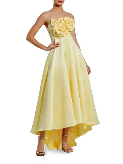 Mac Duggal Strapless Satin High Low Gown With 3d Flowers In Yellow