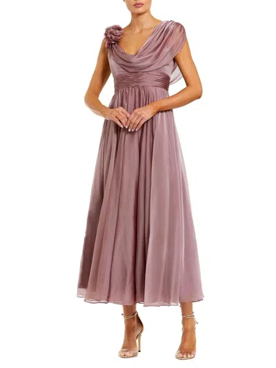 Mac Duggal Chiffon Cowl Neck Midi Dress With 3d Flowers In Pink