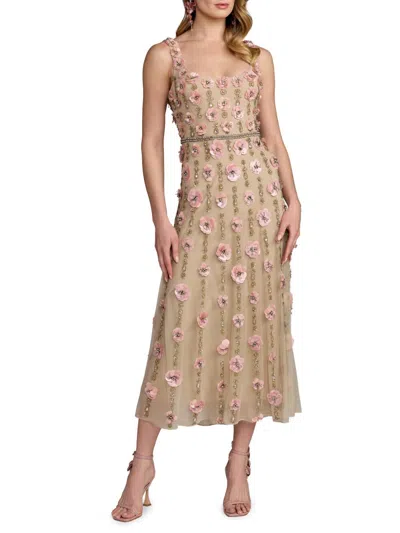 Mac Duggal Beaded Mesh Scoop Neck Sleeveless Midi Dress In Pink