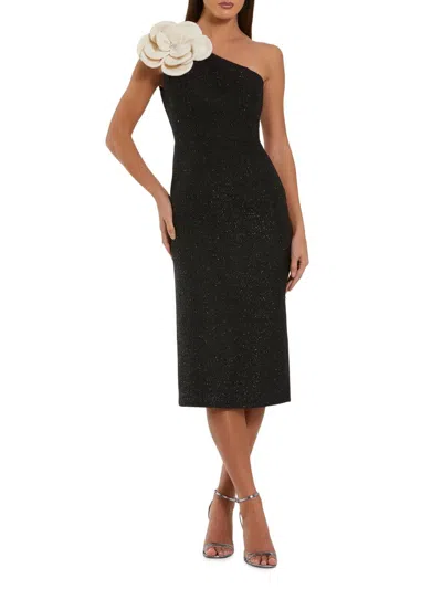 Mac Duggal One Shoulder Boucle Midi Dress With 3d Flower In Black