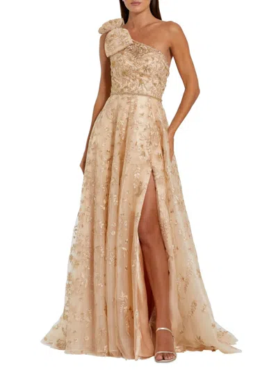 Mac Duggal Embellished Bow One Shoulder A-line Gown In Neutral