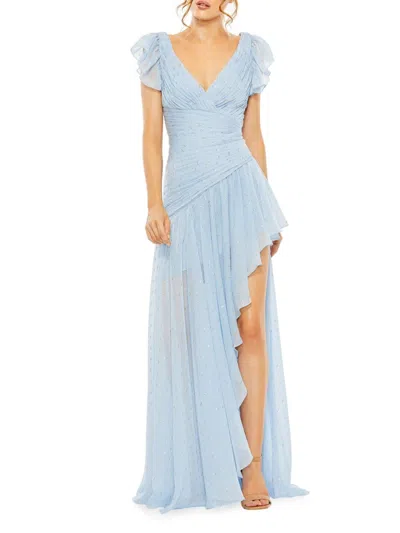 Mac Duggal Metallic Fleck Ruched Ruffle Gown In Ice Blue