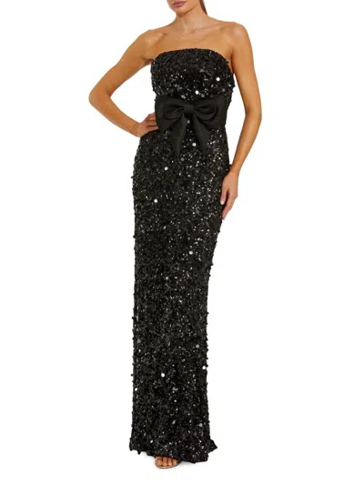 Mac Duggal Strapless Sequin Column Evening Gown With Bow In Black