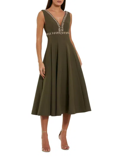 Mac Duggal Rhinestone Embellished Crepe A Line Midi Dress In Green