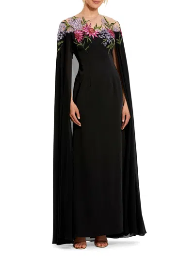 Mac Duggal Sheer Cape Beaded Floral Embroidery Detail Gown In Black Multi