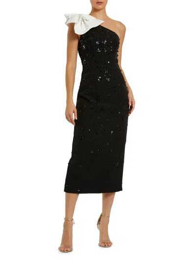 Mac Duggal Beaded Crepe One Shoulder Midi Dress With Bow In Animal Print