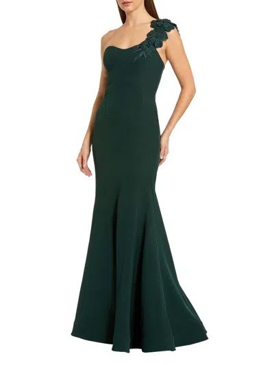 Mac Duggal Crepe One Shoulder Beaded Flower Mermaid Gown In Green