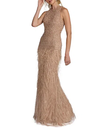 Mac Duggal Women's Beaded Feather-trimmed Gown In Neutral