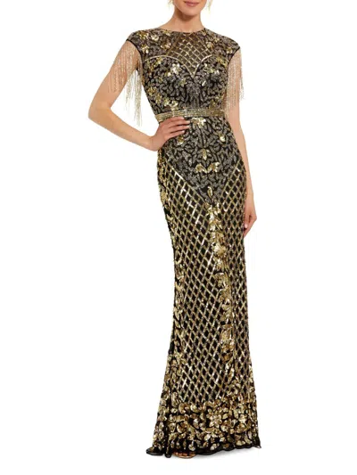 Mac Duggal High Neck Sleeveless Beaded Fringe Fitted Gown In Black Gold