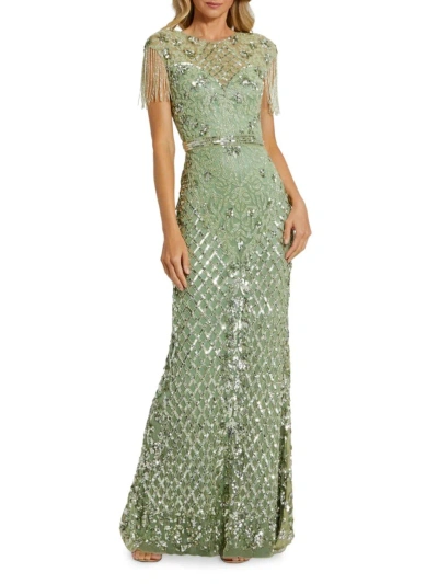 Mac Duggal High Neck Sleeveless Beaded Fringe Fitted Gown In Sage