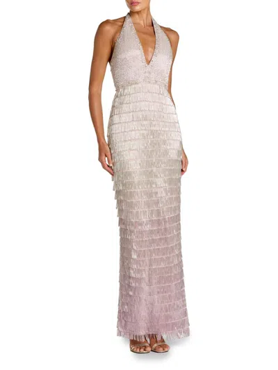 Mac Duggal Women's Beaded Fringed Halter Gown In Multi
