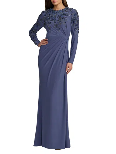 Mac Duggal High Neck Long Sleeve Beaded Jersey Gown In Blue