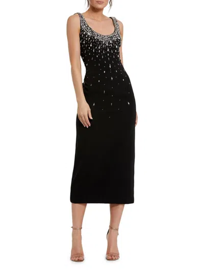 Mac Duggal Beaded Crepe Scoop Neck Sleeveless Midi Dress In Black