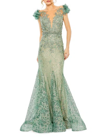 Mac Duggal Embroidered Illusion Appliqued Bodice Trumpet Gown In Green