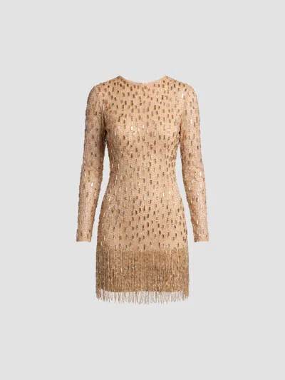 Mac Duggal Women's Beaded Mesh Fringe-hem Mini Dress In Neutral