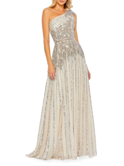 Mac Duggal Beaded Embellished One Shoulder A Line Gown In Silver Beige