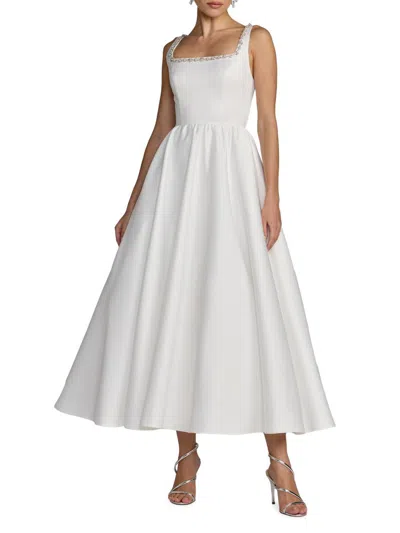 Mac Duggal Beaded Satin Sleeveless Midi Dress With Pockets In White
