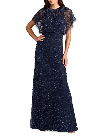 Mac Duggal Beaded Mesh Gown With Shawl In Multi