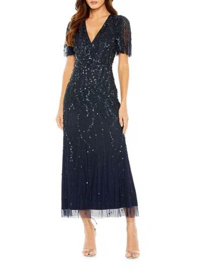 Mac Duggal Women's Beaded Sheath Short-sleeve Midi-dress In Midnight