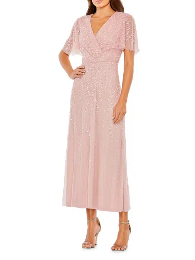 Mac Duggal Women's Beaded Sheath Short-sleeve Midi-dress In Pink