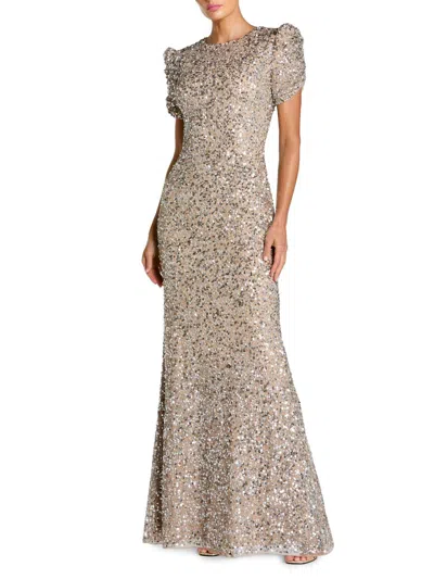 Mac Duggal Embellished Mesh High-neck Short Sleeve Gown In Neutral