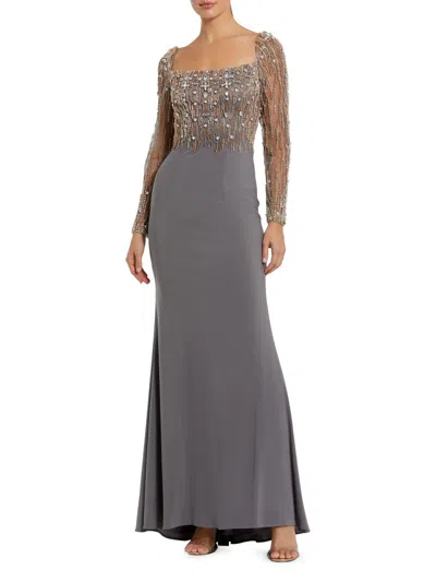 Mac Duggal Beaded Embellished Square Neck Long Sleeve Jersey Gown In Platinum Gold