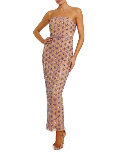 Mac Duggal Mesh Beaded Strapless Column Ankle Dress In Neutral
