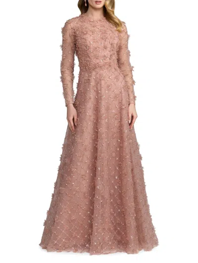 Mac Duggal High Neck Long Sleeve Floral Embellished A-line Gown In Multi