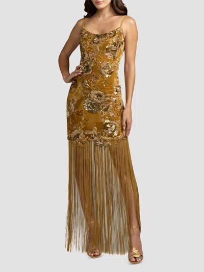 Mac Duggal Embellished Fringe Hem Velvet Mini Dress In Gold