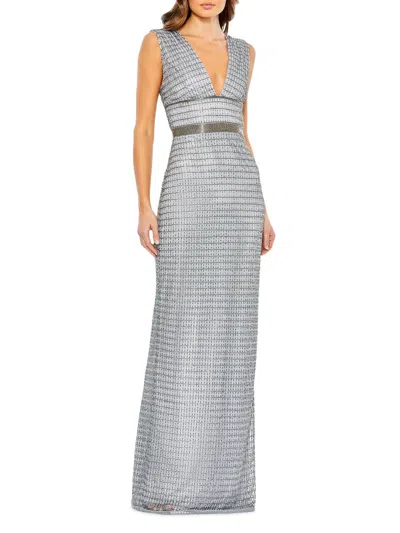 Mac Duggal Sleeveless Beaded V Neck Column Gown In Silver