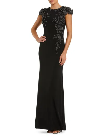 Mac Duggal Women's Bead-embellished Floral-appliquéd Jersey Gown In Black