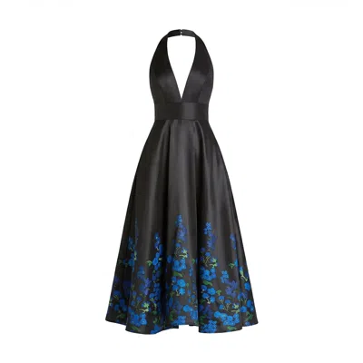 Mac Duggal Halter Neck Floral Printed Satin Midi Dress In Black