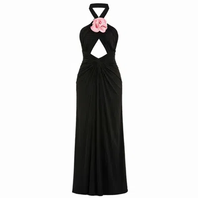 Mac Duggal Jersey Crossover Halter Neck Gown With 3d Flower In Black Pink