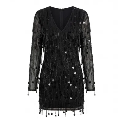 Mac Duggal Women's Black Long Sleeve Beaded Fringe V-neck Mini Dress