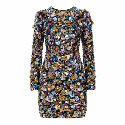 Mac Duggal Women's Black Long Sleeve Multicolor Sequin Mini Dress
