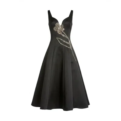 Mac Duggal A-line Midi Dress With Embellished Flower In Black